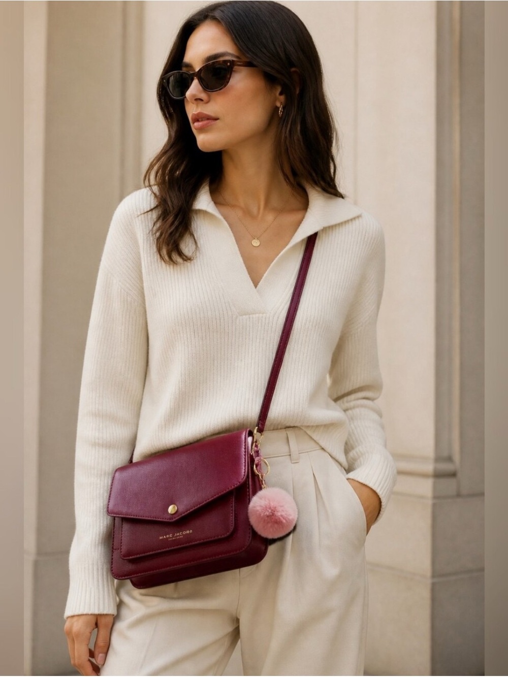 Marc Jacobs Saffiano Envelope Crossbody Bag with Pom Charm Burgundy